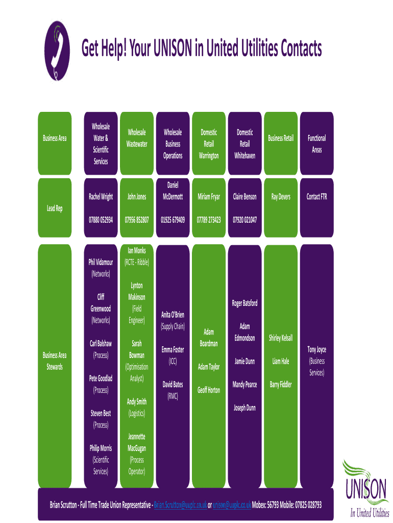 Fillable Online Your UNISON in United Utilities Contacts Fax Email