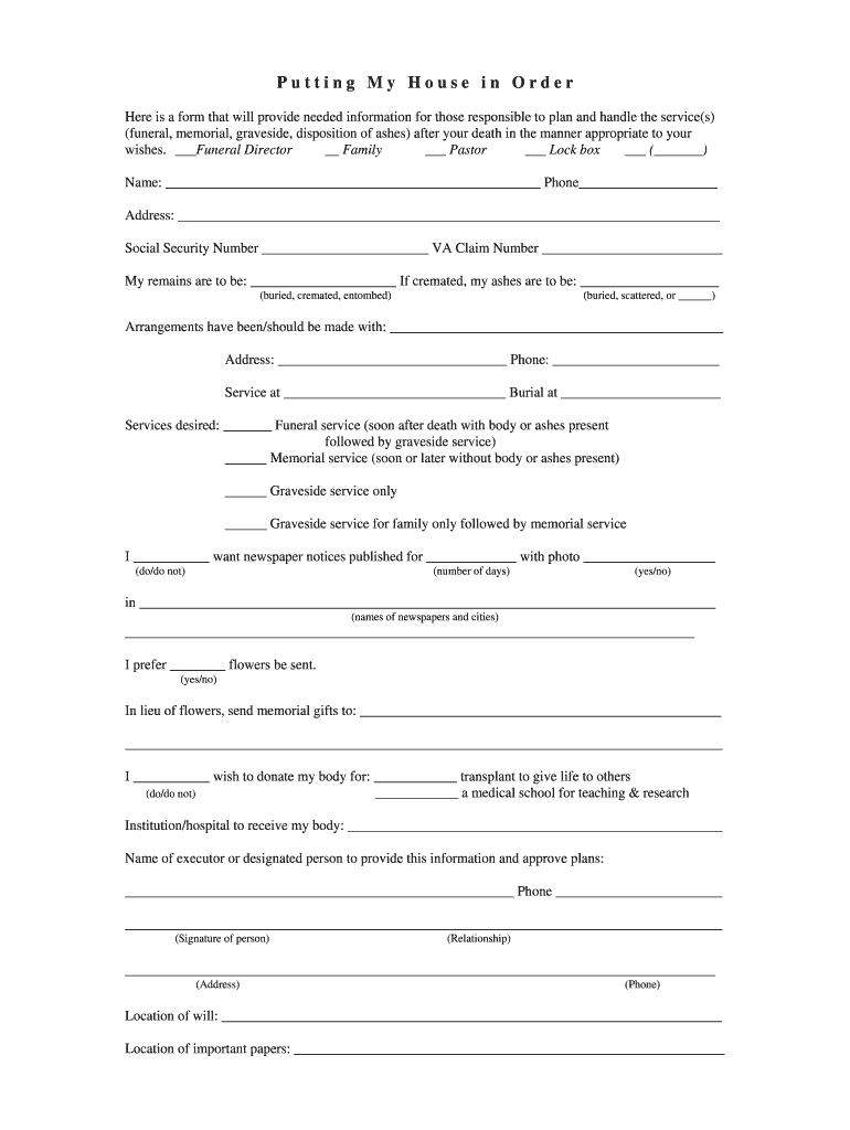 Fillable Online laurelheights Putting My House in Order - Laurel ...