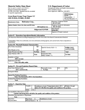 12180072 HMIS Ratings: Health 1 Flammability 1 Physical Hazards 0 Green Beast Grease Trap Cleaner UC GB# 399010, 399005, 399055 Manufacturer 's Name: Emergency Telephone Number BioFusion Corp - biofusion