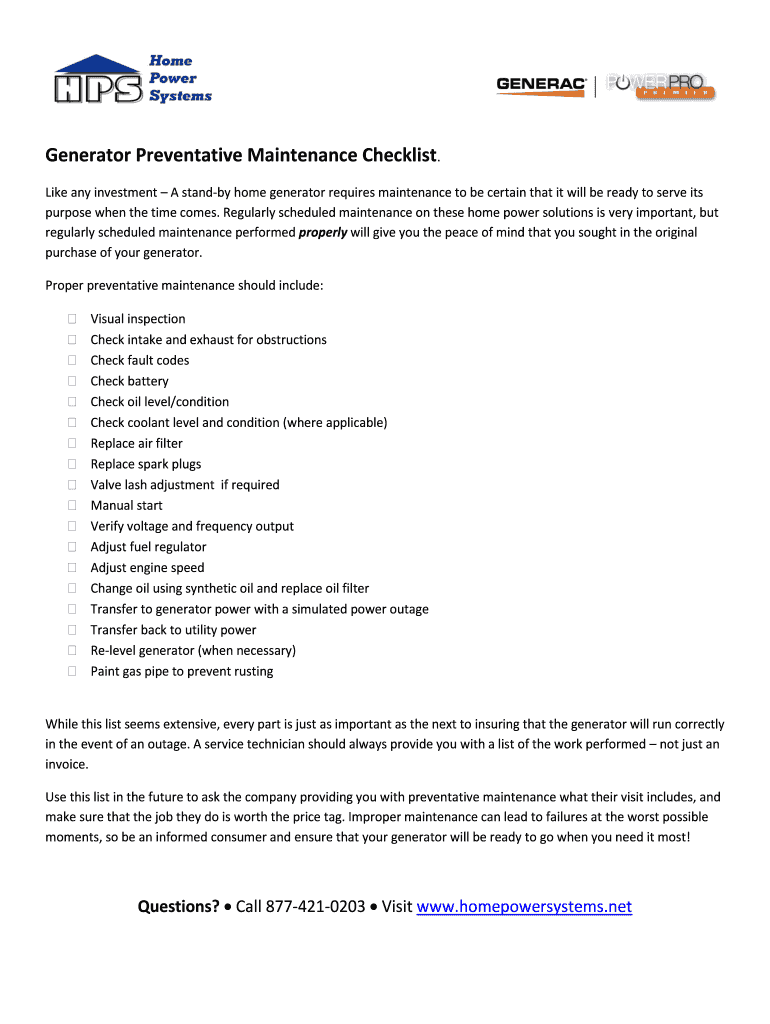 Fillable Online Generator Preventative Maintenance Checklist Fax Email