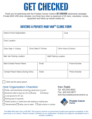 Private MAN VAN clinic includes: one three hour clinic (a maximum of 55 men), volunteers, nurses, equipment and follow up results mailed out