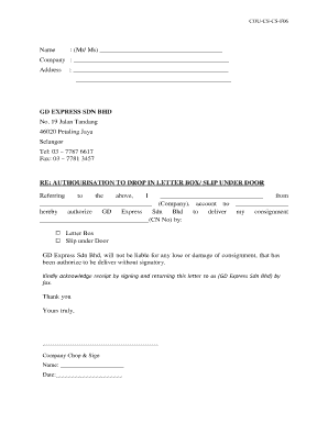 Authorization to Drop in Letter Box
