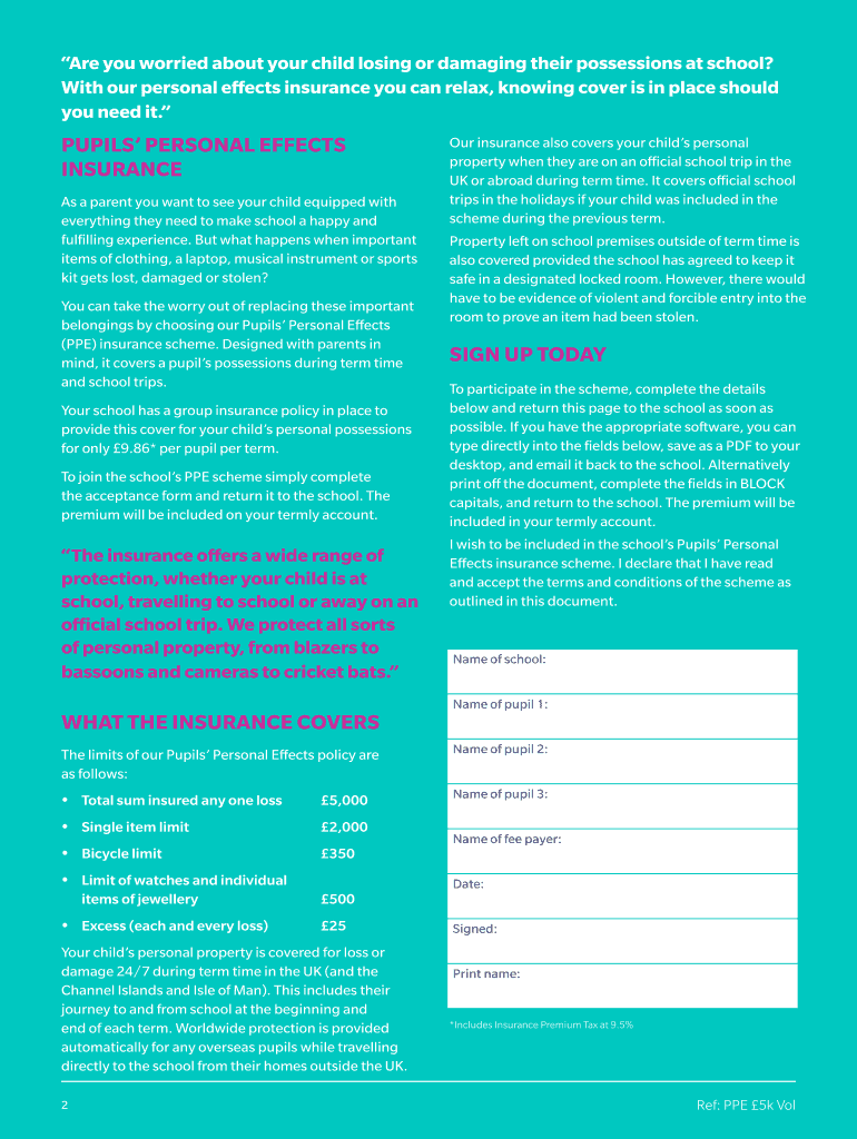 Fillable Online abbeygatecollege co Pupils Personal Effects Insurance