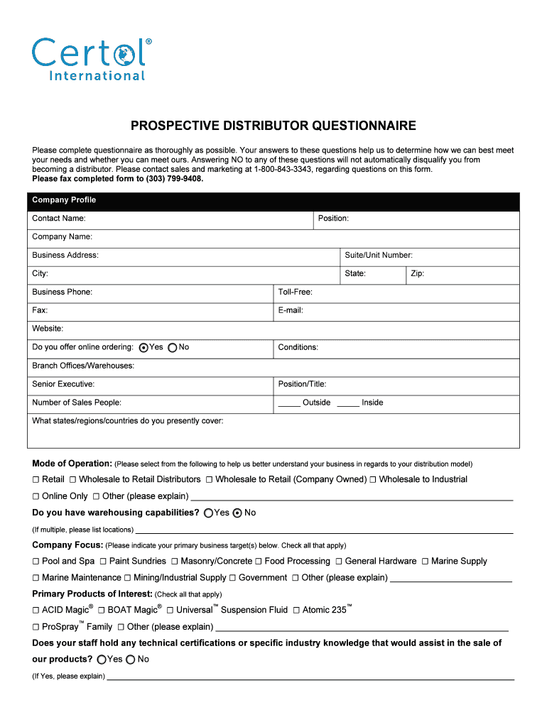 Fillable Online Prospective distributor questionnaire Certol Fax