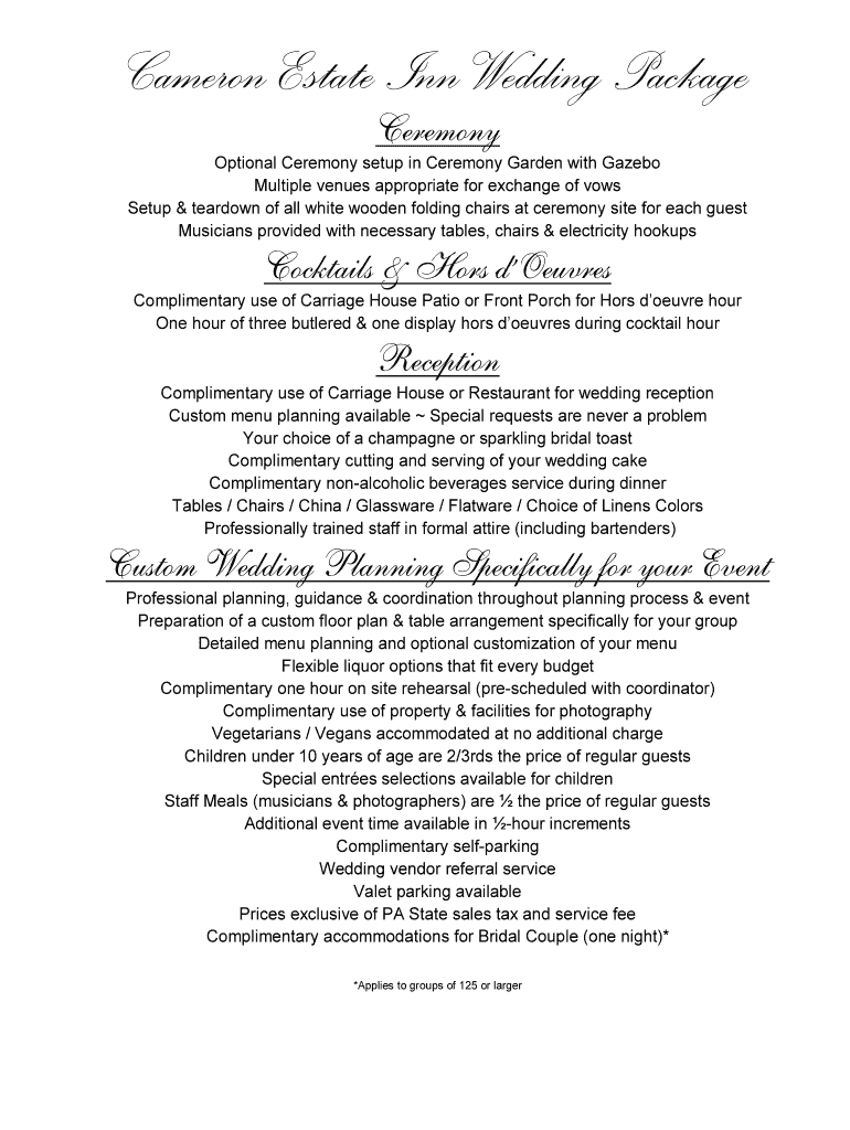 Fillable Online Cameron Estate Inn Wedding Package Fax Email Print ...