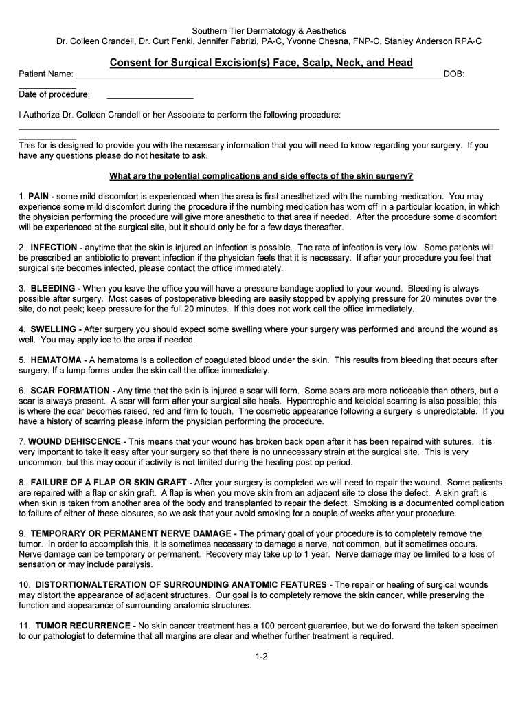 Fillable Online Consent for Surgical Excision(s) Face, Scalp, Neck, and
