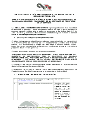 PROCESO DE SELECCIN ABREVIADA QUE NO EXCEDE AL 10% DE LA MENOR CUANTIA Nro 074 PUBLICACION DE INVITACION PBLICA PARA EL RECIBO DE PROPUESTAS PARA LA ADJUDICACION Y EJECUCION DE UN CONTRATO DE PRESTACION DE UN SERVICIO - montenegro-quindio -