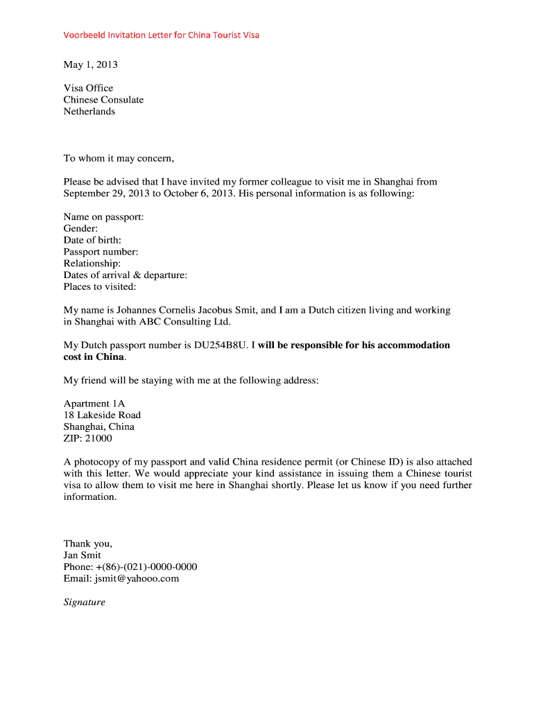 Invitation Letter Netherlands Example Fill Online Printable 