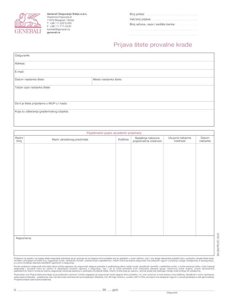Fillable Online generali ZA (SN PR 07) 16-01 PRIJAVA stete provalne ...