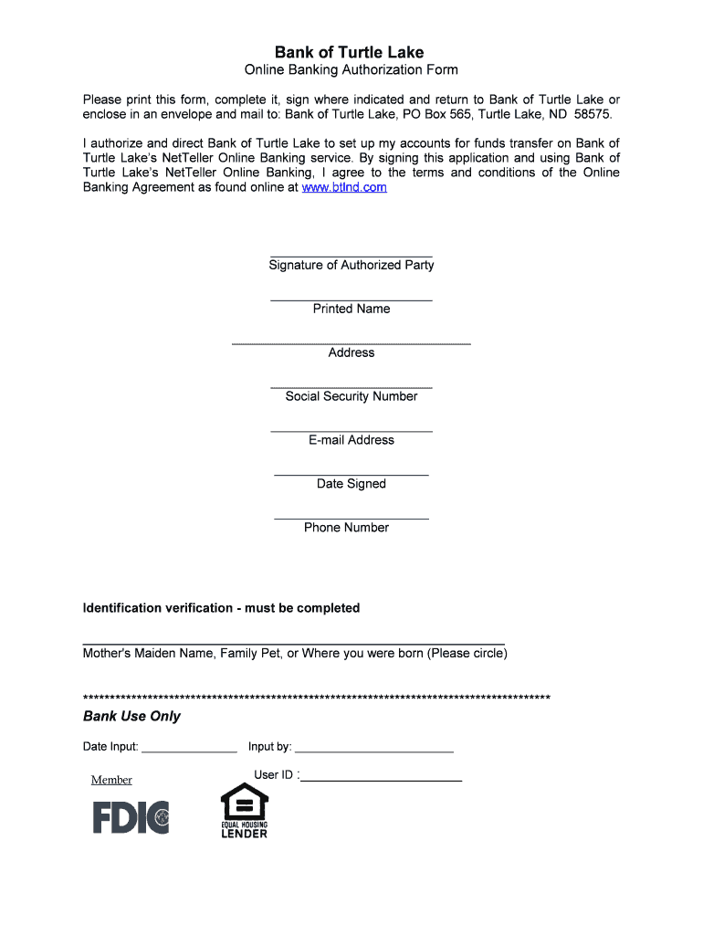 Fillable Online Bank of Turtle Lake Online Banking Authorization Form