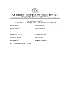 Insurance Data Form - Winchester Psychological Assessment, LLC