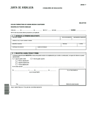 Anexo v 2 solicitud, lugar, fecha y firma (0 0 1 2 6 7) ciclos formativos de grado medio o superior 