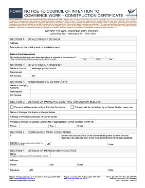Notice to Council of Intention to Commence Work - Construction Certificate Forms and Fact Sheets