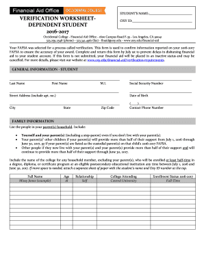 Verification Worksheet - Dependent Student - Occidental College