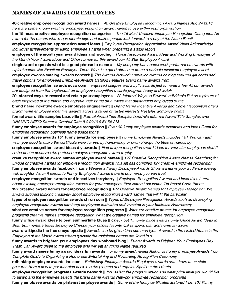 Fillable Online 64 140 159 Names Of Awards For Employees Download Free