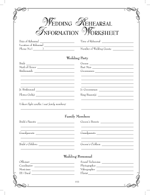 WeDDing Rehearsal InformaTion WorksheeT - Love Notes Weddings