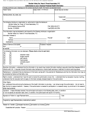 Medical Record Release Form - Boulder Valley Ear Nose &amp; Throat