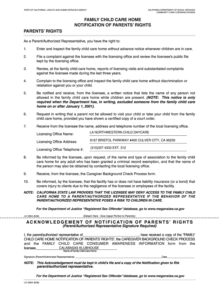 Fillable Online Parents Rights Calabasas Creekside Klubhouse