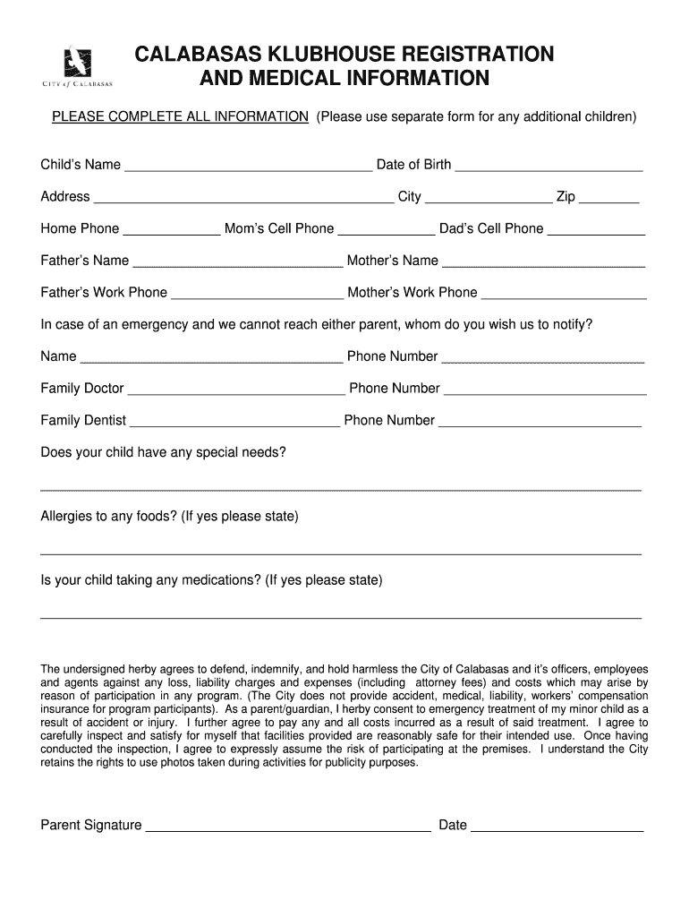 Fillable Online CALABASAS KLUBHOUSE REGISTRATION AND MEDICAL