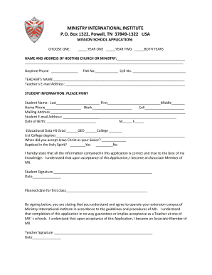 Box 1322, Powell, TN 378491322 USA MISSION SCHOOL APPLICATION: CHOOSE ONE: YEAR ONE YEAR TWO BOTH YEARS NAME AND ADDRESS OF HOSTING CHURCH OR MINISTRY: Daytime Phone FAX No - ministryinternational