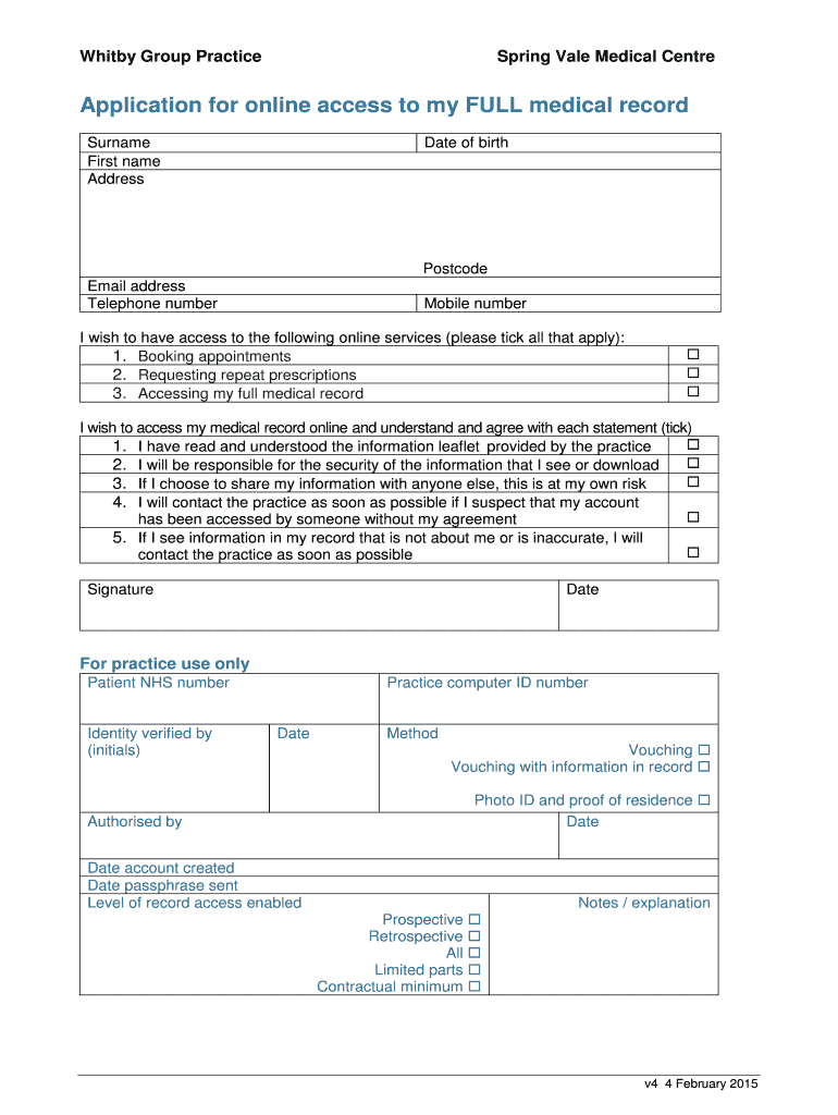 Fillable Online Application for online access to my medical record