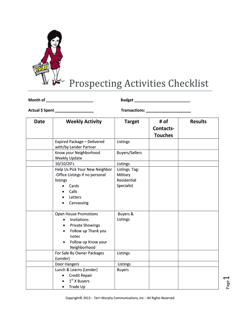 Fillable Online Prospecting Activities Checklist - bZendeskb Fax Email ...