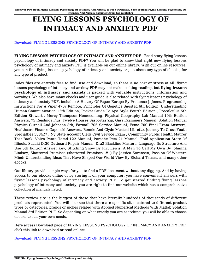 FLYING LESSONS PSYCHOLOGY OF INTIMACY AND ANXIETY PDF FLYING LESSONS PSYCHOLOGY OF INTIMACY AND ANXI Preview on Page 1