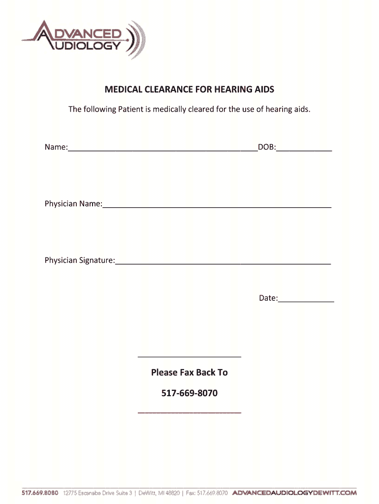 Fillable Online Medical Clearance Form (PDF) Advanced Audiology Fax