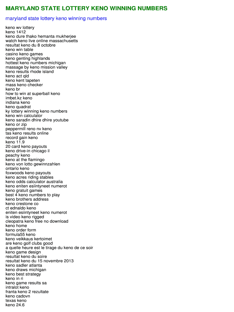 Fillable Online jatekok Maryland state lottery keno winning numbers