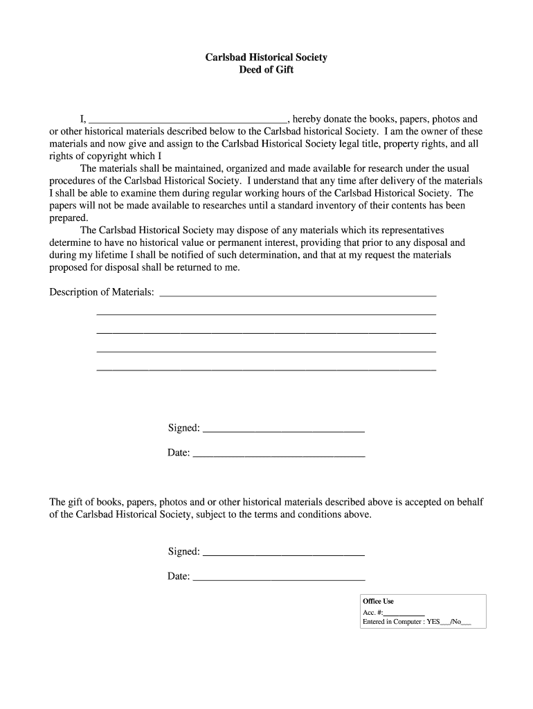 Fillable Online Carlsbad Historical Society Deed of Gift I, , hereby
