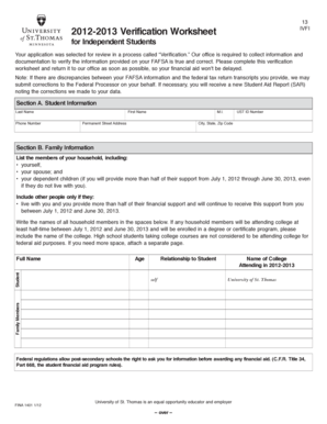 2012-2013 Verification Worksheet for Independent Students