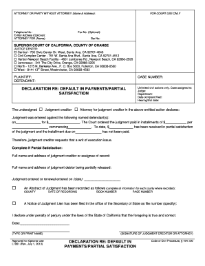 Declaration Re Default in Payments/Partial Satisfaction