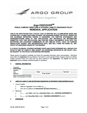 Public Company Directors & Officers Liability Insurance Policy Renewal Application