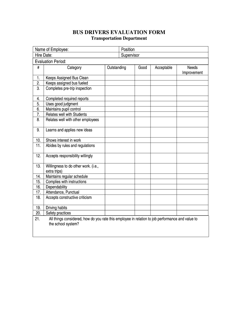 Printable Driver Evaluation Form Printable Forms Free Online