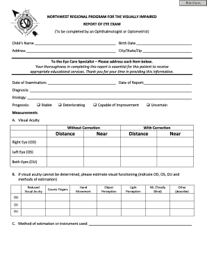 Report of Eye Exam for Visually Impaired