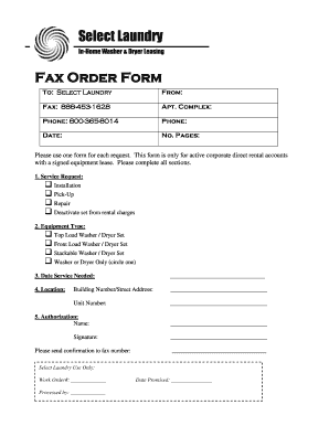Select Laundry In-Home Washer & Dryer Leasing Fax Order Form