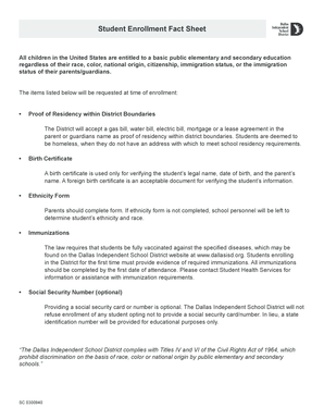 Dallas Independent School District Student Enrollment Form