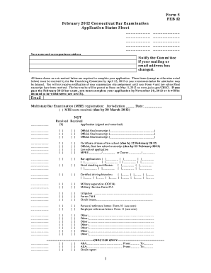 Connecticut Bar Examination Application Status Sheet