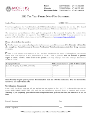 2013 Tax Year Parent Non-Filer Statement