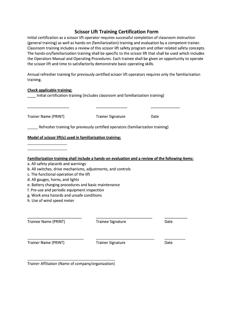 Scissor Lift Training Certification Form Fill and Sign Printable