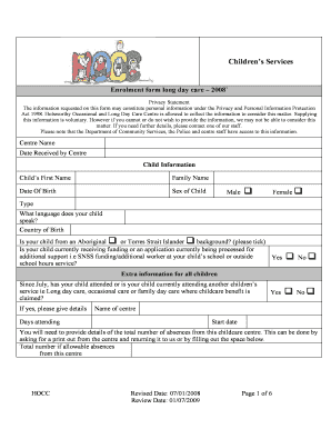 Children's Services Enrolment Form Long Day Care