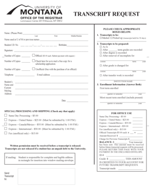 University of Montana Transcript Request Form