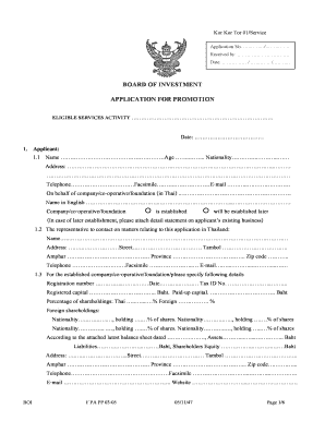 Board of Investment Application for Promotion Eligible Services Activity