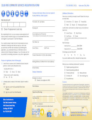 Club Ride Commuter Services Registration Form