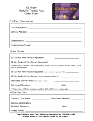 EZ Rider Monthly Transit Pass Order Form