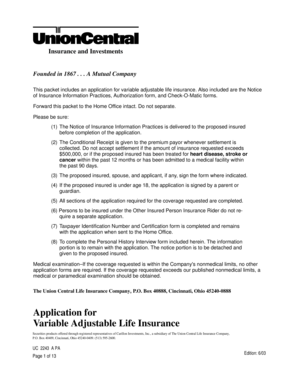 Variable Adjustable Life Insurance Application