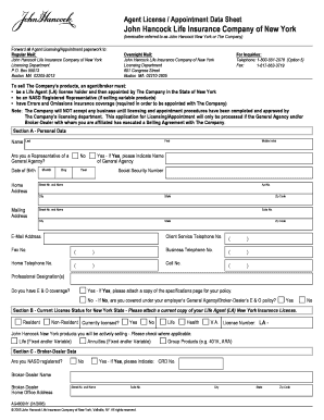 Agent License Appointment Data Sheet