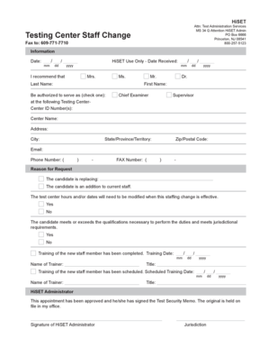 HiSET Testing Center Staff Change Form