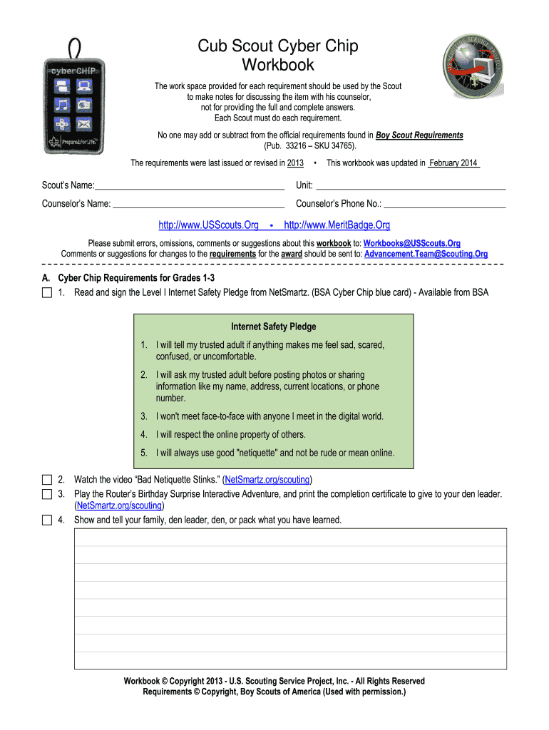 Cub Scout Cyber Chip Workbook Blank Fillable Template Fill Out