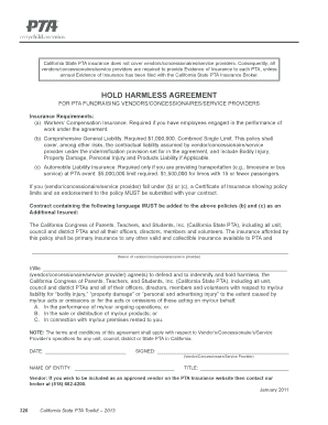 California PTA Vendor Hold Harmless Agreement